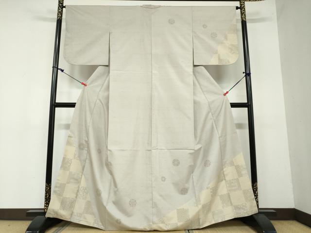 平和屋着物●訪問着　紬地　市松草花丸文　正絹　逸品　DAAW5765ud