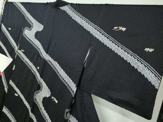 平和屋着物●訪問着　刺繍　絞り　流水草花文　黒地　正絹　逸品　DAAW5771ud 平和屋着物○訪問着 刺繍 絞り 流水草花文 黒地 正絹 逸品 DAAW5771ud