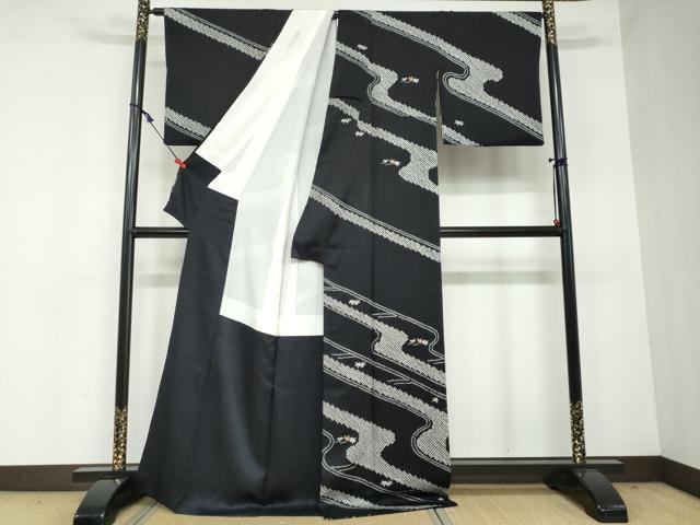 平和屋着物●訪問着　刺繍　絞り　流水草花文　黒地　正絹　逸品　DAAW5771ud 平和屋着物○訪問着 刺繍 絞り 流水草花文 黒地 正絹 逸品 DAAW5771ud