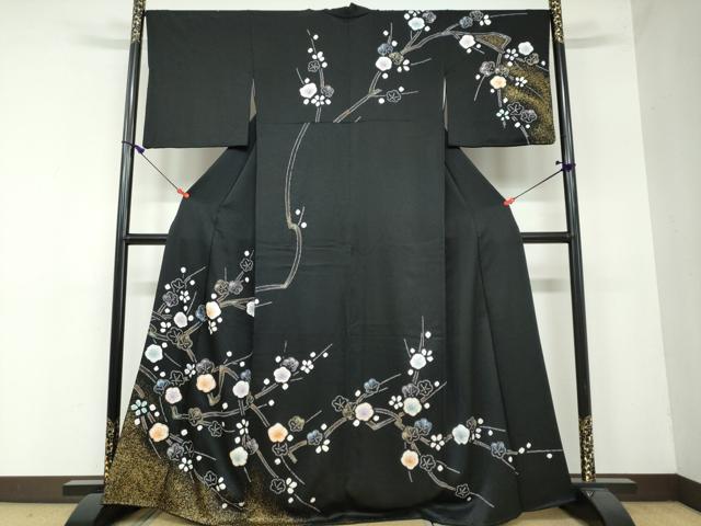 平和屋着物●訪問着　駒刺繍　絞り　枝梅文　黒地　金彩　正絹　逸品　DAAW5774ud