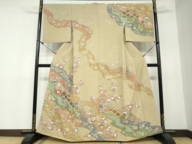 平和屋着物●訪問着　駒刺繍　絞り　道長草花文　金彩　正絹　逸品　DAAW5801ud