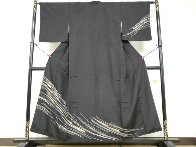 平和屋着物●訪問着　長浜みなも　上代紬　草花文　黒地　金彩　正絹　逸品　DAAW5833ud