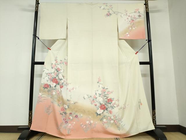 平和屋着物●訪問着　松本伸　枝花文　暈し染め　金彩　正絹　逸品　DAAW5860ud