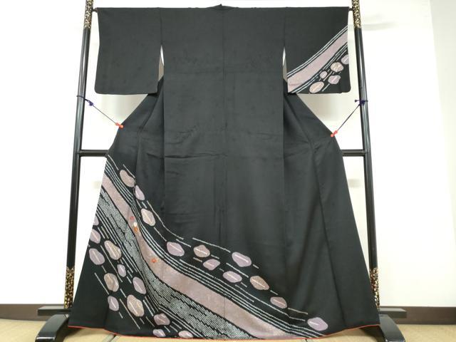 平和屋着物●訪問着　駒刺繍　絞り　草花文　黒地　金彩　正絹　逸品　DAAW5876ud