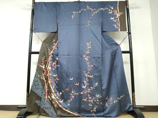 平和屋着物●訪問着　流水飛鶴草花文　金彩　正絹　逸品　DAAW5924ud