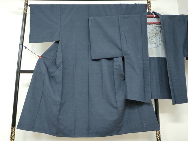 平和屋着物●男性　紬　アンサンブル　長羽織　鉄紺色　正絹　逸品　DAAW5940ud