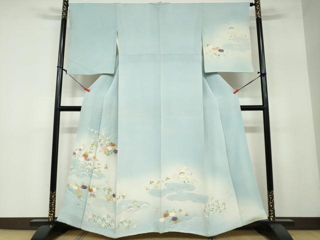 平和屋着物●訪問着　刺繍　流水草花文　暈し染め　鬼しぼ縮緬　正絹　逸品　DAAW5951ud