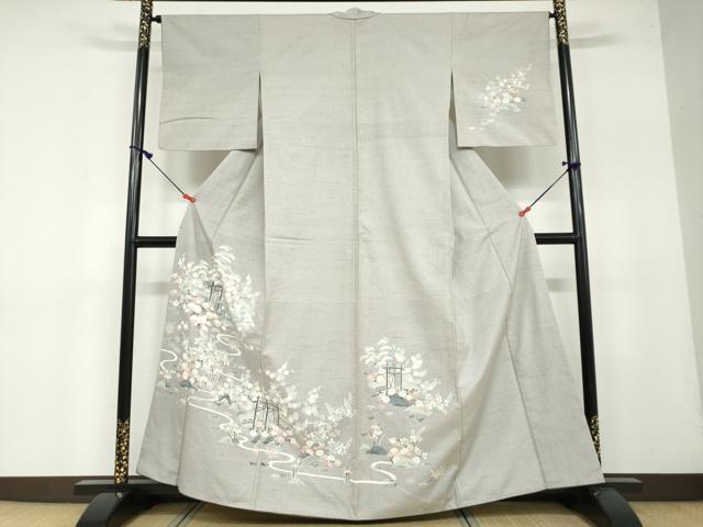 平和屋着物●訪問着　友禅　紬地　流水風景草花文　胴抜き仕立て　正絹　逸品　DAAW5990ud