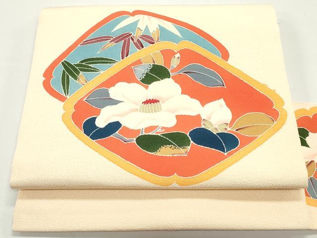 平和屋着物●本加賀友禅作家　奥田勝将　九寸名古屋帯　枝椿菱文　肉色　鬼しぼ縮緬　正絹　逸品　DAAW6524ob