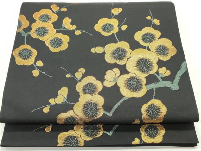 平和屋着物●六通柄　本袋帯　枝梅文　黒地　金糸　正絹　逸品　未使用　DAAW6535ob
