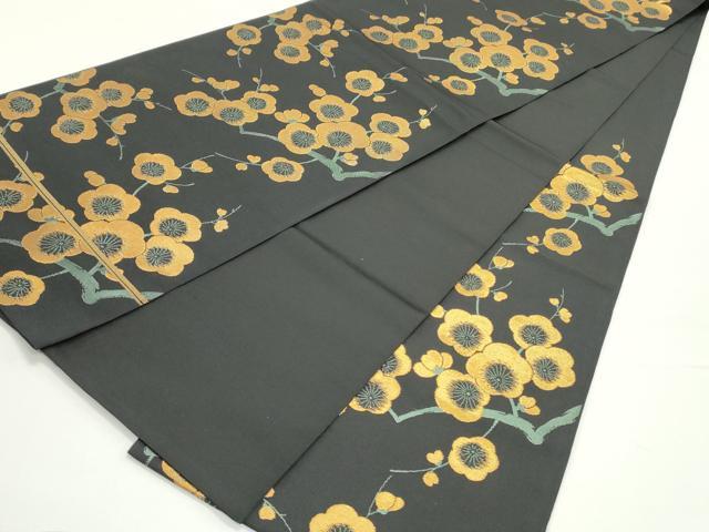 平和屋着物○六通柄 本袋帯 枝梅文 黒地 金糸 正絹 逸品