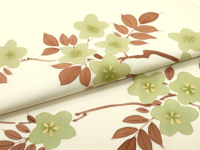 平和屋着物○塩瀬 九寸名古屋帯 枝花文 薄卵色 金彩 正絹