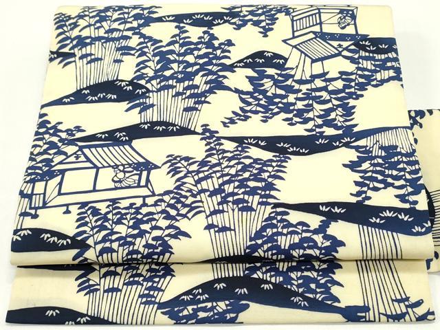 平和屋着物●塩瀬　九寸名古屋帯　型染め　風景人物文　正絹　逸品　DAAW6595ob