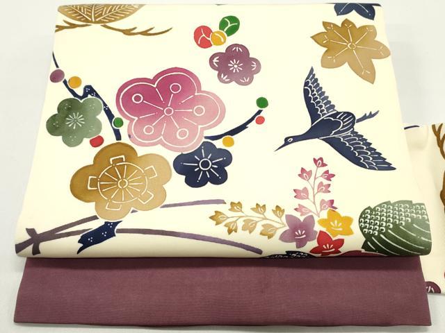 平和屋着物●塩瀬　全通柄九寸名古屋帯　型染め　飛鶴枝梅文　薄卵色　正絹　逸品　DAAW6596ob