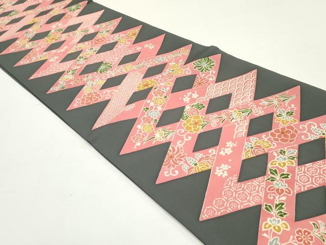 平和屋着物●塩瀬　九寸開き名古屋帯　型染め　花菱文　正絹　逸品　DAAW6597ob 平和屋着物○塩瀬 九寸開き名古屋帯 型染め 花菱文 正絹 逸品