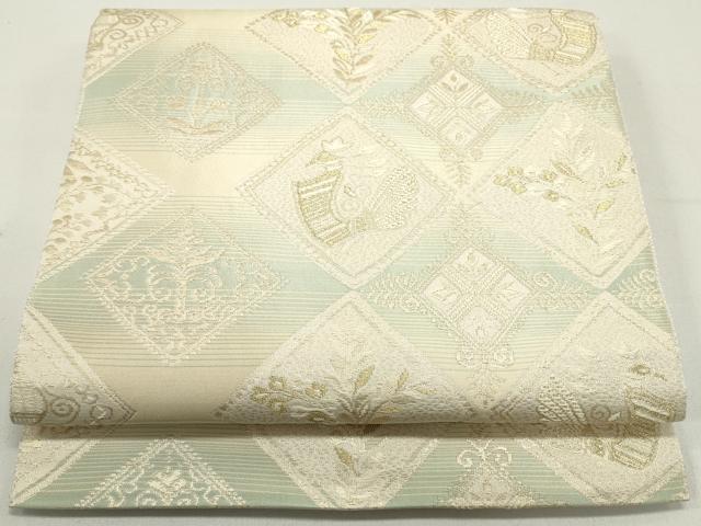 平和屋着物●八寸名古屋帯　孔雀花唐草菱文　金糸　正絹　逸品　DAAW6600ob