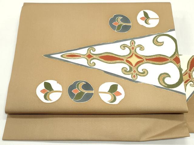 平和屋着物●塩瀬　九寸名古屋帯　駒刺繍　幾何学花丸文　金彩　正絹　逸品　DAAW6601ob