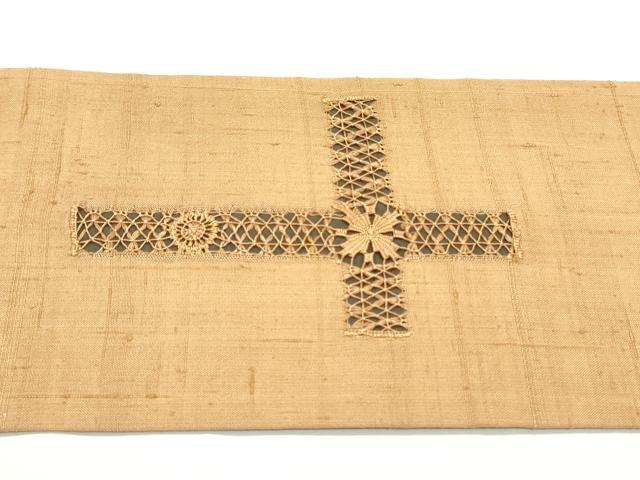 平和屋着物●中国三大刺繍　スワトウ刺繍　汕頭刺繍　総刺繍　九寸名古屋帯　紬地　幾何学色紙花文　正絹　逸品　DAAW6602ob 平和屋着物○中国三大刺繍 スワトウ刺繍 汕頭刺繍 総刺繍 九寸