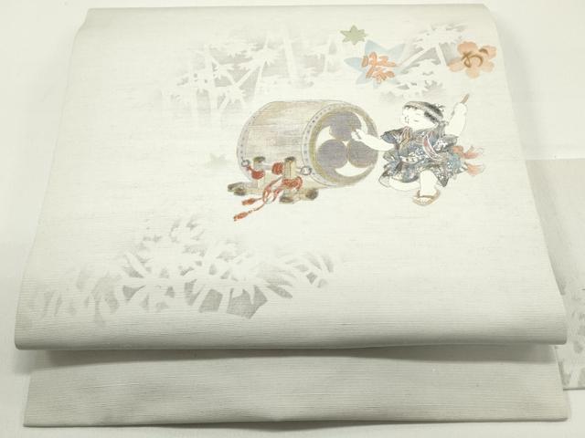 平和屋着物●九寸名古屋帯　作家物　手描き　紬地　童子遊び　お祭り　絹鼠色　金彩　正絹　逸品　DAAW6603ob