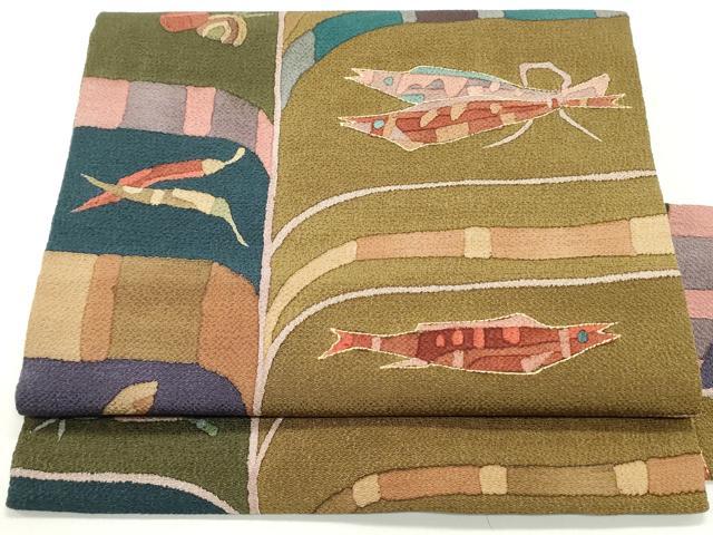 平和屋着物●全通柄九寸名古屋帯　魚　成り物間道　金彩　鬼しぼ縮緬　正絹　逸品　DAAW6609ob