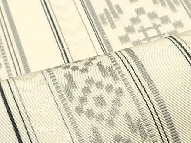 平和屋着物●本場筑前博多織　八寸名古屋帯　間道　生成り色　正絹　逸品　DAAW6610ob_3