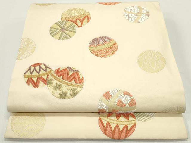 平和屋着物●九寸開き名古屋帯　唐織　花鞠文　肌色　金糸　正絹　逸品　DAAW6661ob