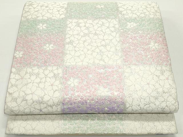 平和屋着物●両面　六通柄袋帯　唐織　舞桜市松文　銀糸　正絹　逸品　DAAW6665ob