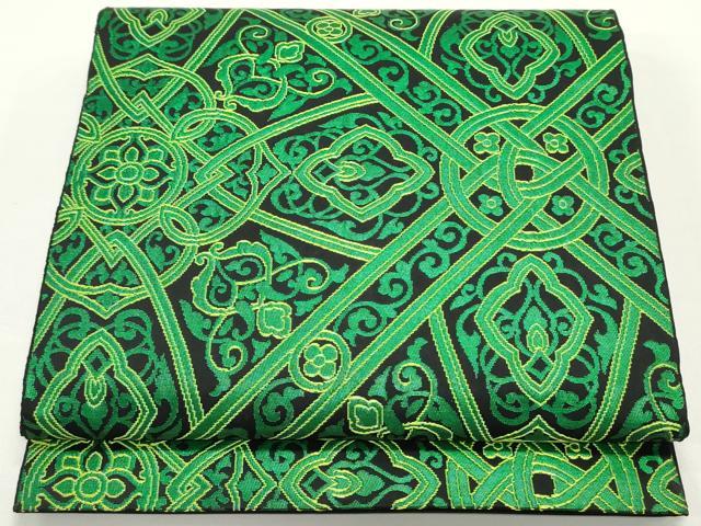 平和屋着物●六通柄　本袋帯　花唐草文　黒地　正絹　逸品　DAAW6676ob