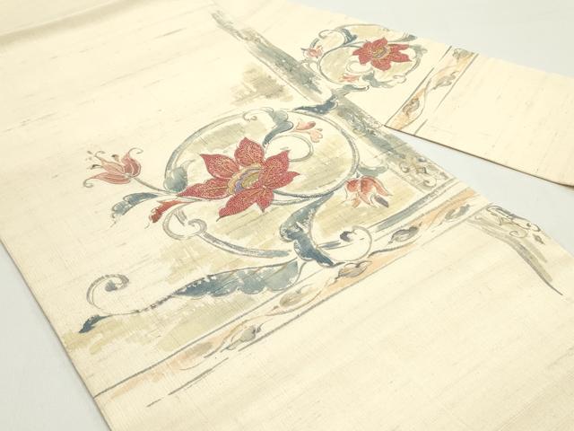 平和屋着物●中国三大刺繍　相良刺繍　九寸名古屋帯　手描き　生紬　花唐草文　象牙色　金彩　正絹　逸品　DAAW6688ob 平和屋着物○中国三大刺繍 相良刺繍 九寸名古屋帯 手描き 生