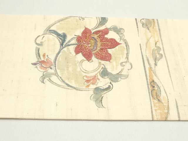 平和屋着物●中国三大刺繍　相良刺繍　九寸名古屋帯　手描き　生紬　花唐草文　象牙色　金彩　正絹　逸品　DAAW6688ob 平和屋着物○中国三大刺繍 相良刺繍 九寸名古屋帯 手描き 生