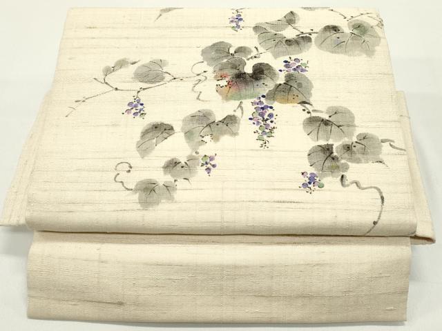 平和屋着物●つけ帯　手描き　紬地　葡萄蔦の葉文　薄卵色　正絹　逸品　DAAW6743ob