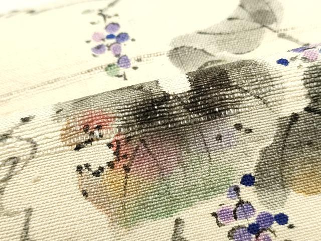 平和屋着物●つけ帯　手描き　紬地　葡萄蔦の葉文　薄卵色　正絹　逸品　DAAW6743ob 平和屋着物○つけ帯 手描き 紬地 葡萄蔦の葉文 薄卵色