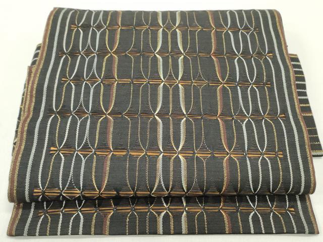 平和屋着物○つけ帯 もじり織 幾何学間道 黒地 金糸 正絹 逸品