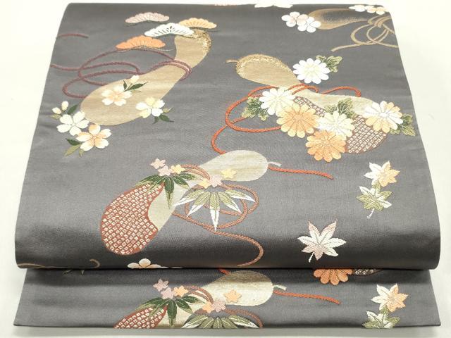 平和屋着物●現代アンティーク　貝島はるみ　綺麗伝説　六通柄袋帯　唐織　瓢箪　草花松文　金糸　正絹　逸品　DAAW6746ob