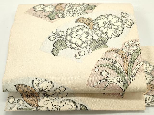平和屋着物●九寸名古屋帯　紬地　地紙重ね辻が花文　薄卵色　正絹　逸品　DAAW6758ob