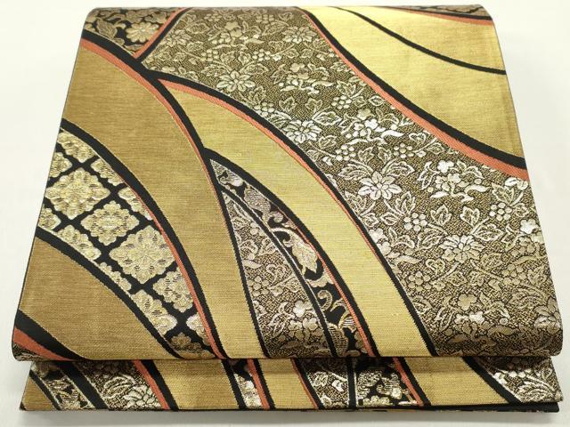 平和屋着物●六通柄袋帯　切嵌南天更紗花唐草文　黒地　金糸　正絹　逸品　DAAW6762ob