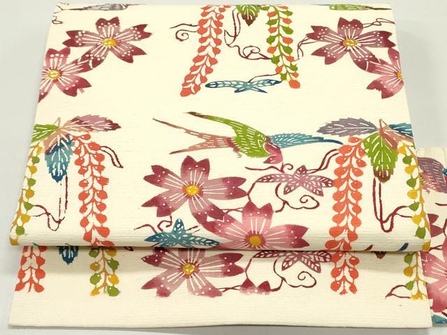 平和屋着物●九寸名古屋帯　紬地　型染め　花鳥文　薄卵色　正絹　逸品　DAAW6813ob