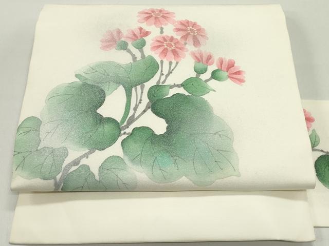 平和屋着物●塩瀬　九寸名古屋帯　手描き　草花文　薄卵色　金銀彩　正絹　逸品　DAAW6830ob