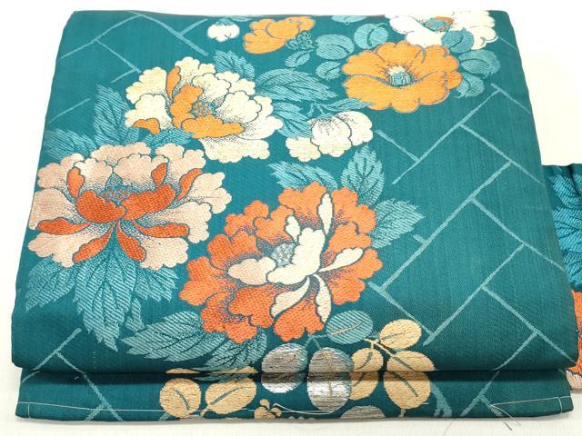 平和屋着物●九寸名古屋帯　唐織　檜垣草花文　藍色　金銀糸　正絹　逸品　DAAW6846ob