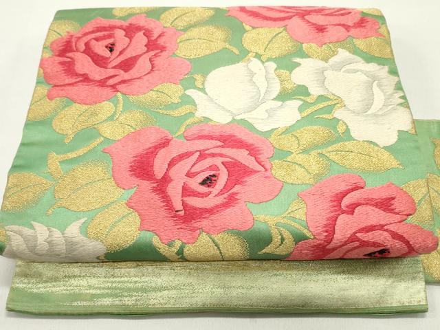 平和屋着物●アンティーク　大正ロマン　九寸名古屋帯　唐織　薔薇　バラ　淡萌葱色　金糸　正絹　逸品　DAAW6847ob 平和屋着物○アンティーク 大正ロマン 九寸名古屋帯 唐織 薔薇 バラ 淡