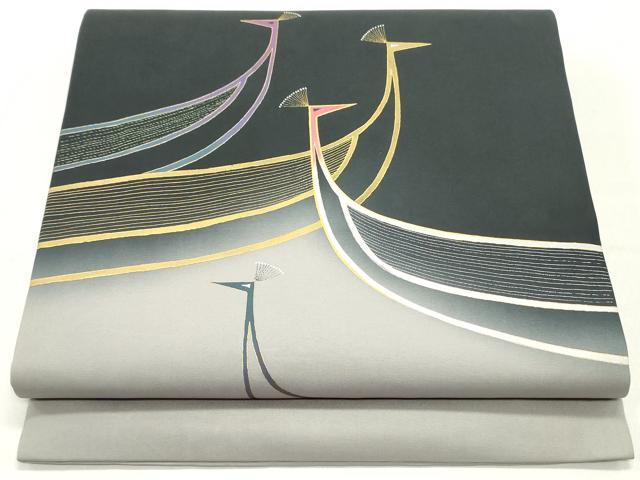 平和屋着物●塩瀬　九寸開き名古屋帯　群れ鳥文　黒地　金彩　正絹　逸品　DAAW6849ob