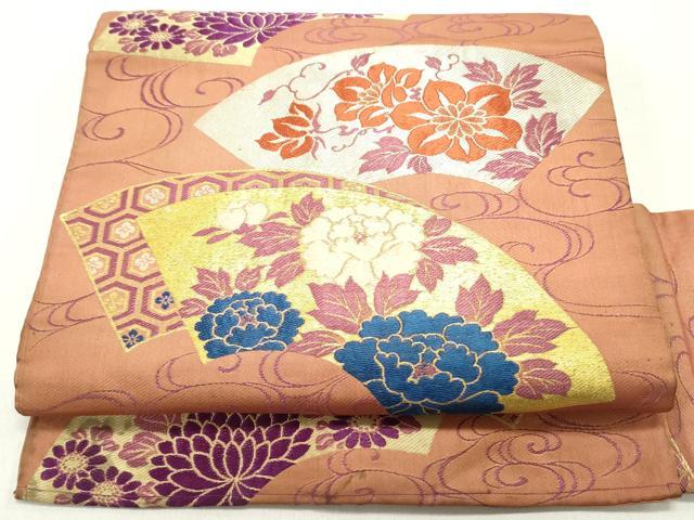平和屋着物●アンティーク　大正ロマン　九寸名古屋帯　唐織　地紙重ね草花文　金銀糸　正絹　逸品　DAAW6853ob