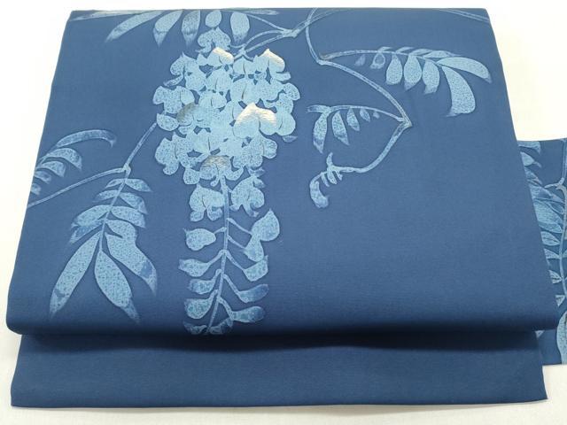 平和屋着物●塩瀬　九寸名古屋帯　刺繍　ろうけつ染め　枝垂れ藤　留紺色　正絹　逸品　DAAW6854ob
