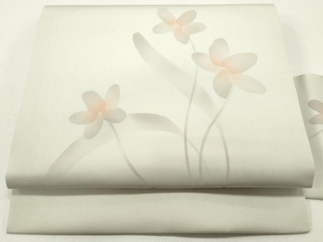 平和屋着物●塩瀬　九寸名古屋帯　草花文　素色　正絹　逸品　DAAW6856ob