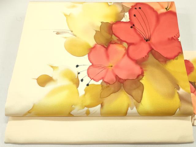 平和屋着物●塩瀬　九寸名古屋帯　手描き　草花文　肌色　正絹　逸品　DAAW6857ob