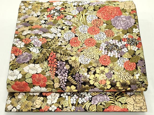 平和屋着物●六通柄袋帯　唐織　枝垂れ桜小花詰め　黒地　金糸　鈴乃屋扱い　正絹　逸品　DAAW6915ob