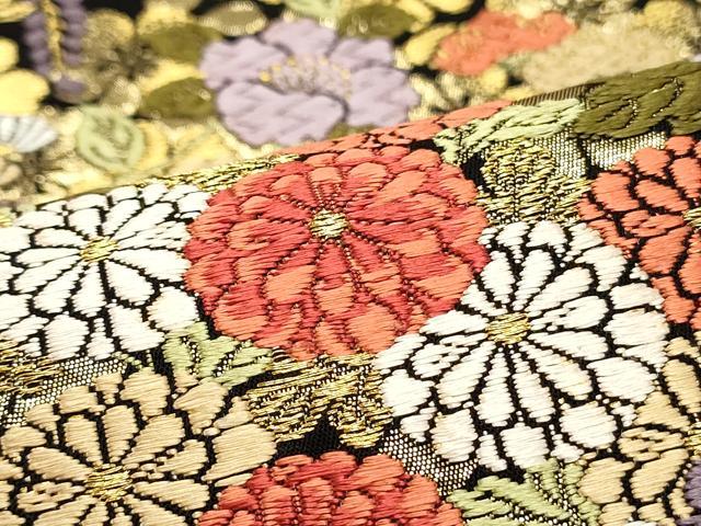 平和屋着物●六通柄袋帯　唐織　枝垂れ桜小花詰め　黒地　金糸　鈴乃屋扱い　正絹　逸品　DAAW6915ob 平和屋着物○六通柄袋帯 唐織 枝垂れ桜小花詰め 黒地 金糸 鈴乃屋扱い