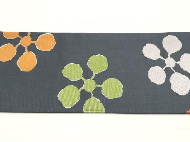 平和屋着物○西陣 川島織物 九寸名古屋帯 舞花文 藍鉄色