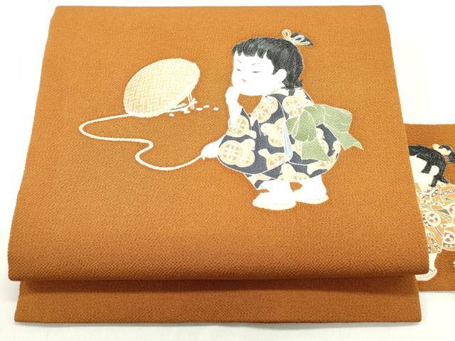 平和屋着物●十日町友禅作家　関口遼一　九寸名古屋帯　手描き　童子遊び　代赭色　鬼しぼ縮緬　正絹　逸品　DAAW6938ob