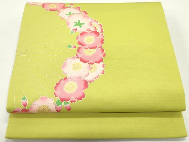 平和屋着物●中国三大刺繍　相良刺繍　太鼓柄京袋帯　桜丸文　鶸色　金彩　正絹　逸品　未使用　DAAW6940ob